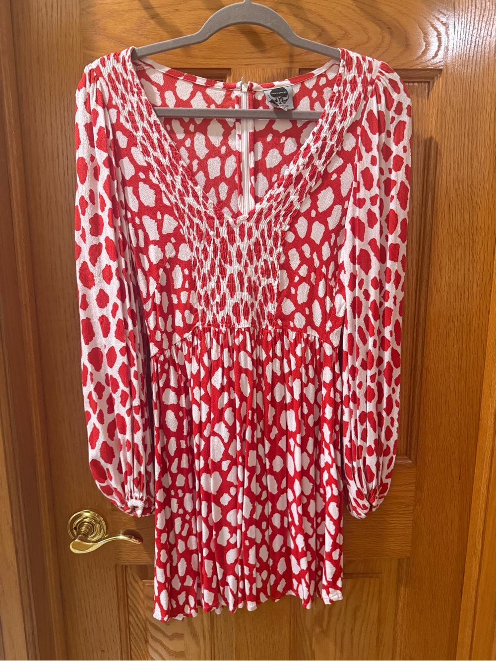 Red and White Patterned Smocked Waist Dress